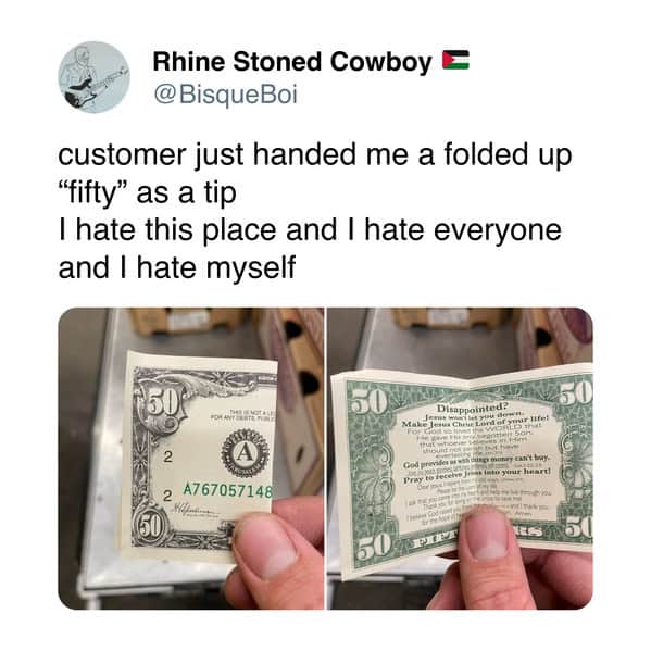 One of the worst server tips showing a fake $50 bill that is actually a religious pamphlet.