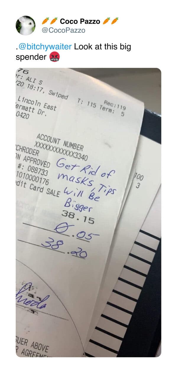 One of the worst server tips, a 5-cent tip with a political message about masks.