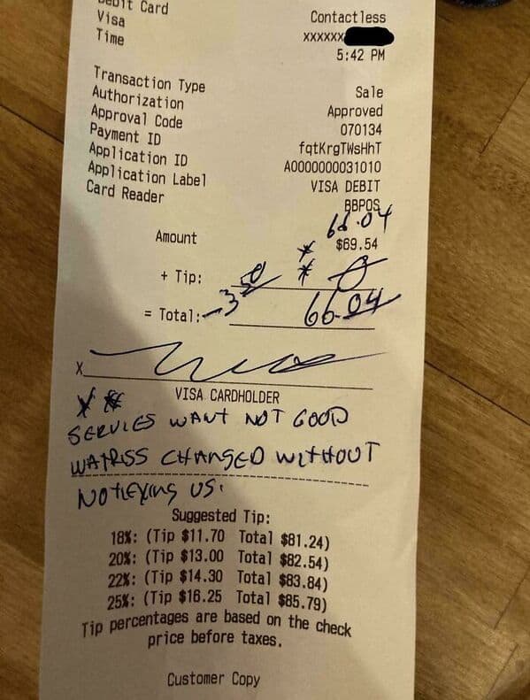 One of the worst server tips where a customer subtracts from the bill and leaves a note.