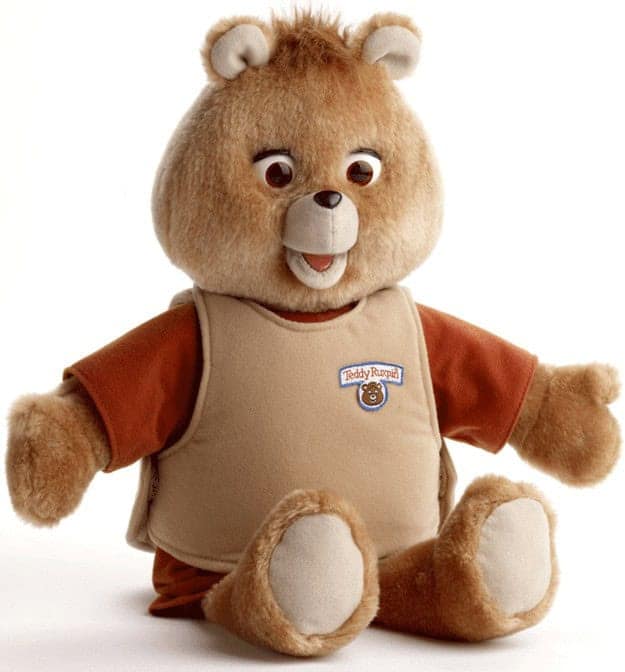 A photo of the iconic animatronic storytelling bear, Teddy Ruxpin, a popular 80s toy.
