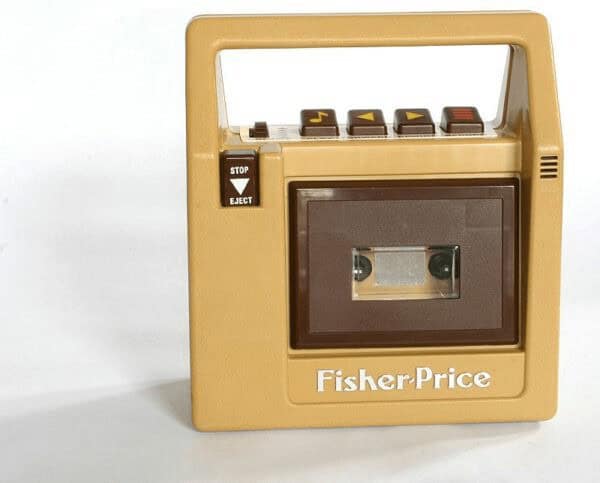 The classic brown Fisher-Price cassette tape player, a nearly indestructible and iconic 80s toy