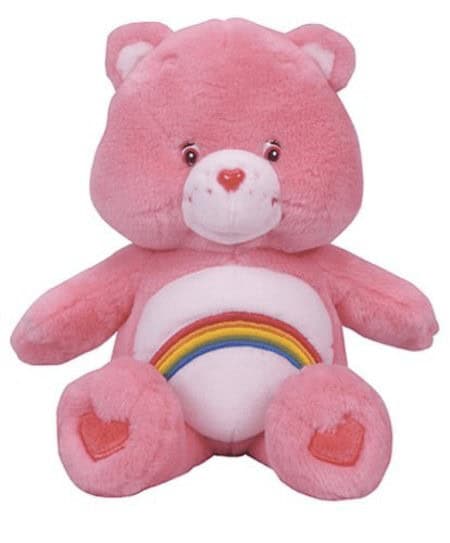 A pink Cheer Bear plush, one of the most popular characters from the Care Bears 80s toy line.