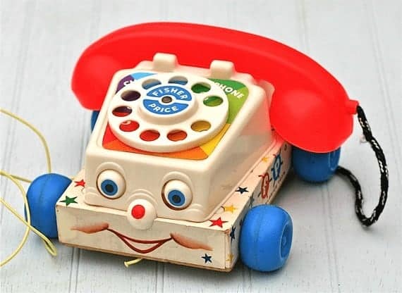 The Fisher-Price Chatter Telephone, a classic pull-along 80s toy with moving eyes