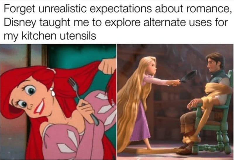 A funny Disney relationship meme about alternate uses for kitchen utensils like forks and frying pans.