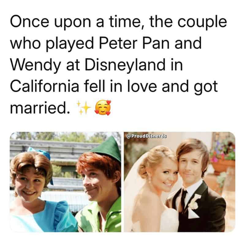 A wholesome Disney relationship meme about the Disneyland actors for Peter Pan and Wendy getting married.