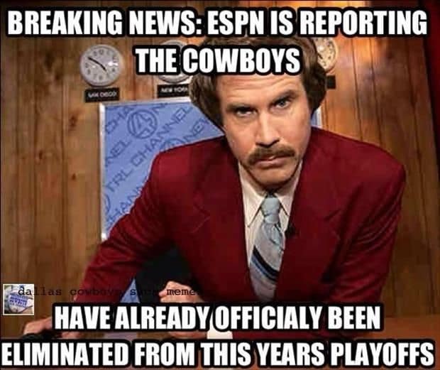 Stern-looking TV news anchor at a desk with a “breaking news” style caption joking that a certain team is already eliminated from the playoffs.