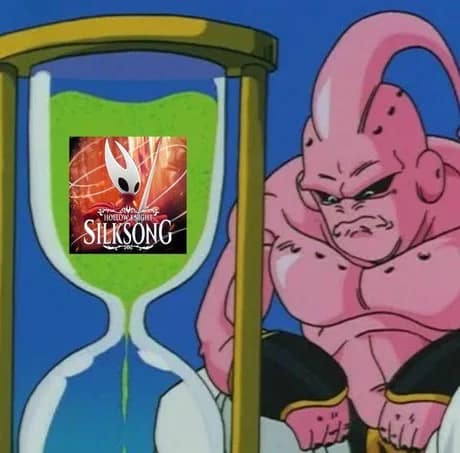 Dragon Ball character watches an hourglass labeled with the Silksong cover as the sand barely trickles.