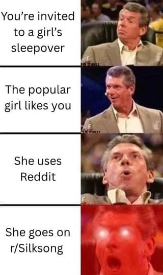 Four-panel “wrestling executive reaction” meme: invited to a girl’s sleepover → she likes you → she uses Reddit → she’s on r/Silksong (ecstatic).