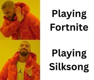 “Orange jacket yes/no” format: rejects “Playing Fortnite”; approves “Playing Silksong.”