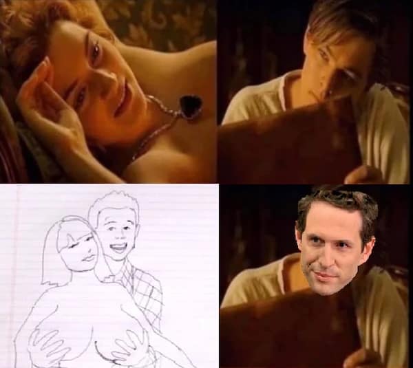 A funny Titanic meme that replaces Leonardo DiCaprio with Dennis Reynolds from It's Always Sunny in Philadelphia in the drawing scene.