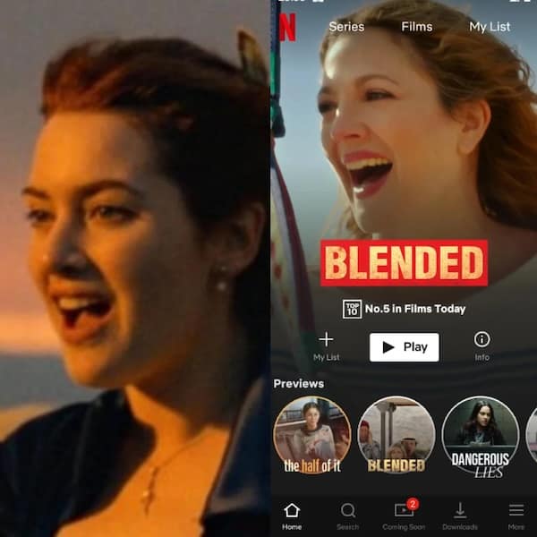 A Titanic movie meme showing a perfectly timed Netflix glitch where Rose's face lines up with the poster for the movie "Blended."