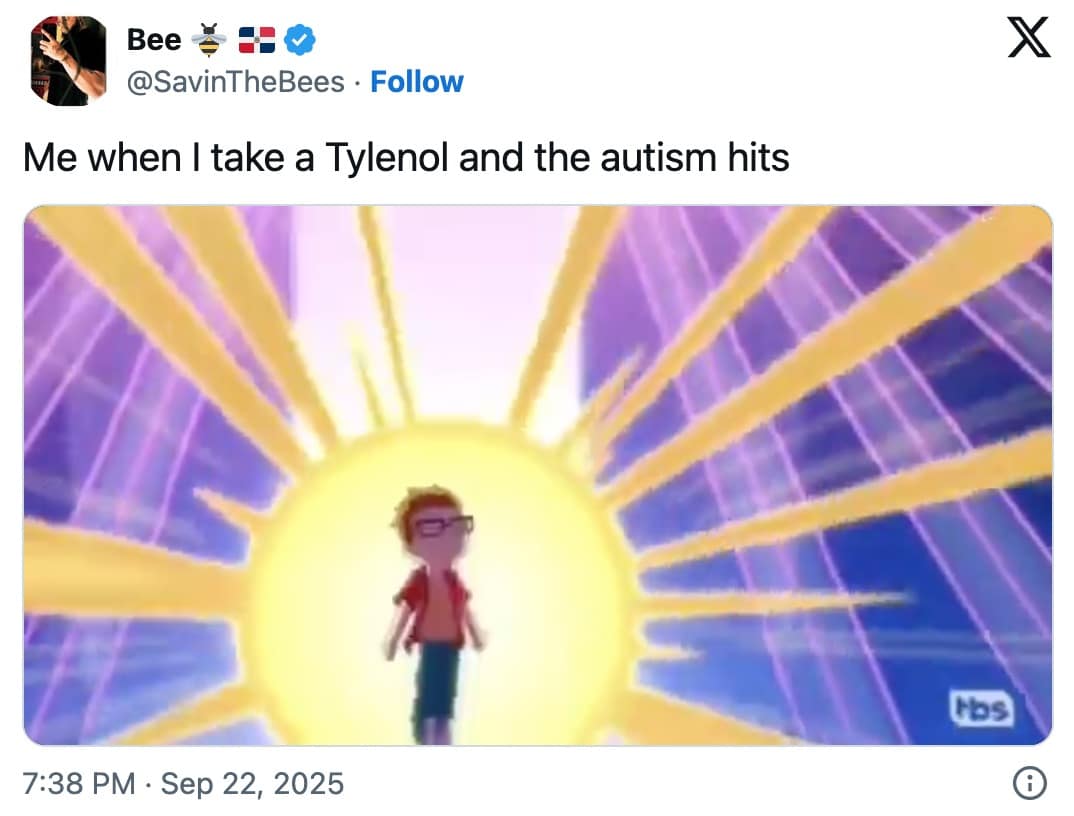 A Trump Tylenol meme with a cartoon character ascending, captioned "when the autism hits."