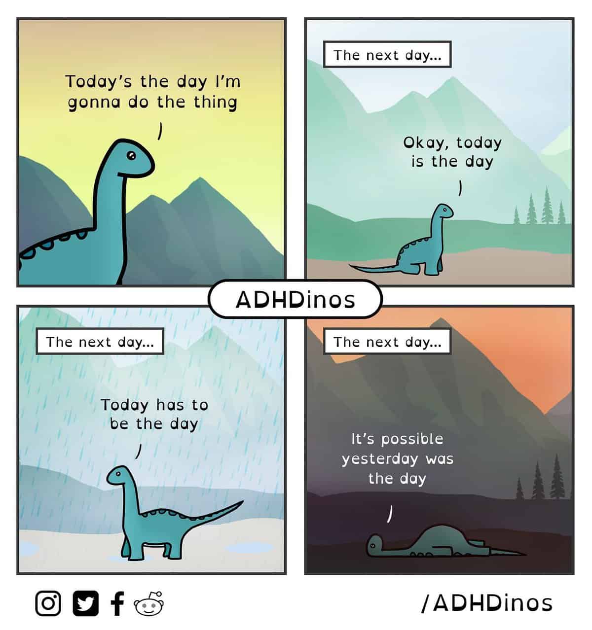 A relatable four-panel ADHDinos comic about the cycle of procrastination, where a dinosaur keeps putting off a task until it is too late.