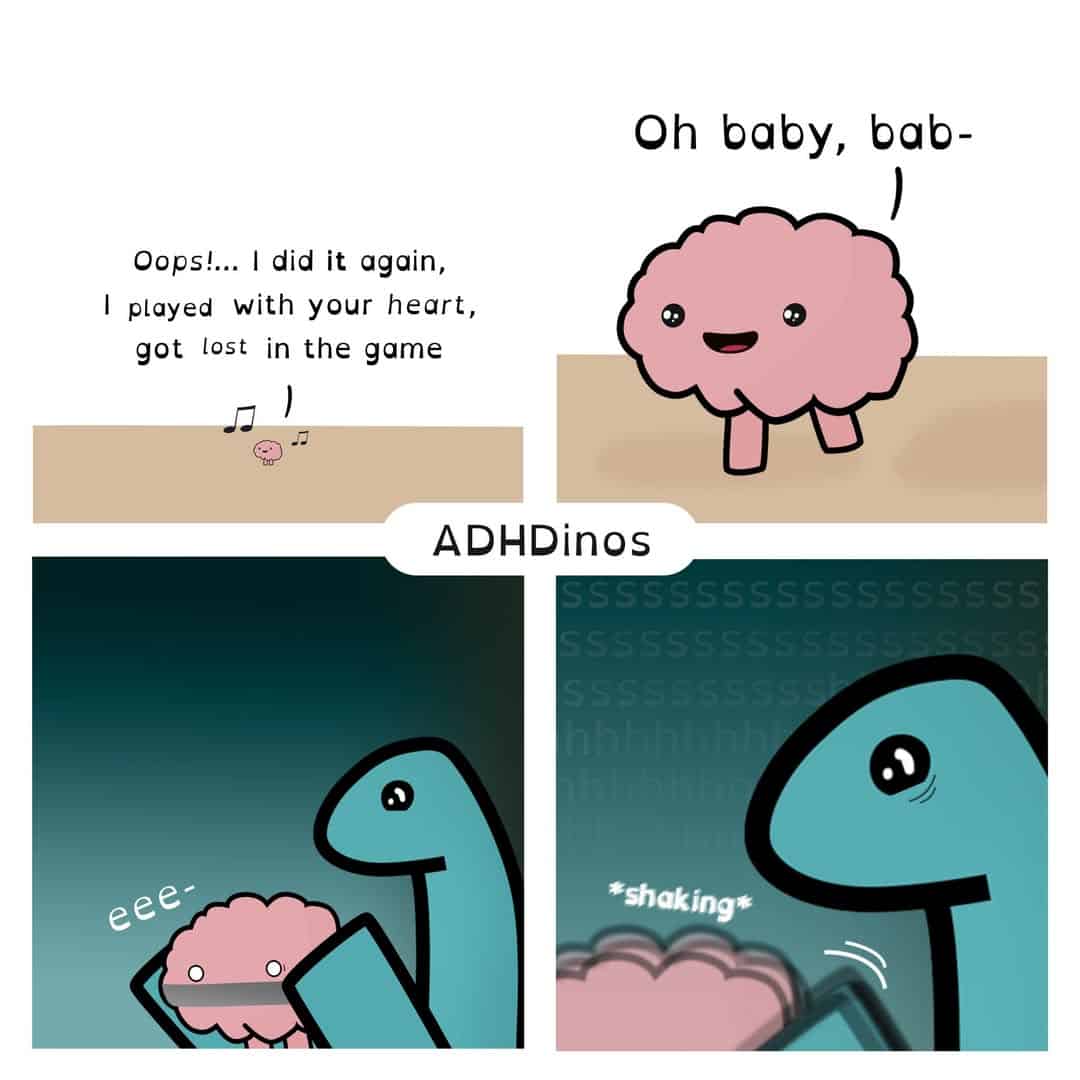 A relatable ADHDinos comic that shows the intense and often physical reaction to getting a powerful earworm after the brain sings a Britney Spears song.
