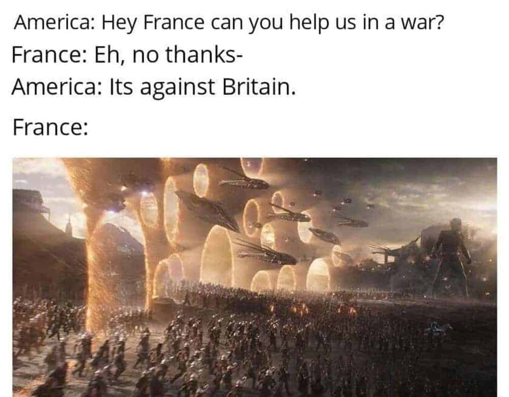An American history meme using Avengers Endgame to show France joining the Revolutionary War against Britain
