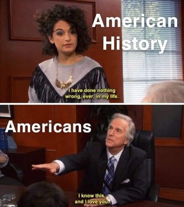 An American history meme using Parks and Rec to joke about America's view of its own history