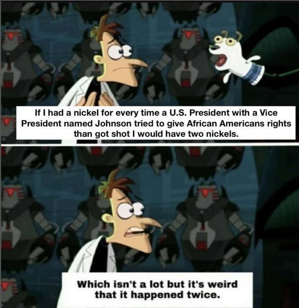 An American history meme using a Phineas and Ferb format to point out a strange coincidence