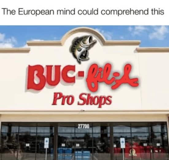 A photoshopped image of a superstore that combines Buc-ee's, Chick-fil-A, and Bass Pro Shops.