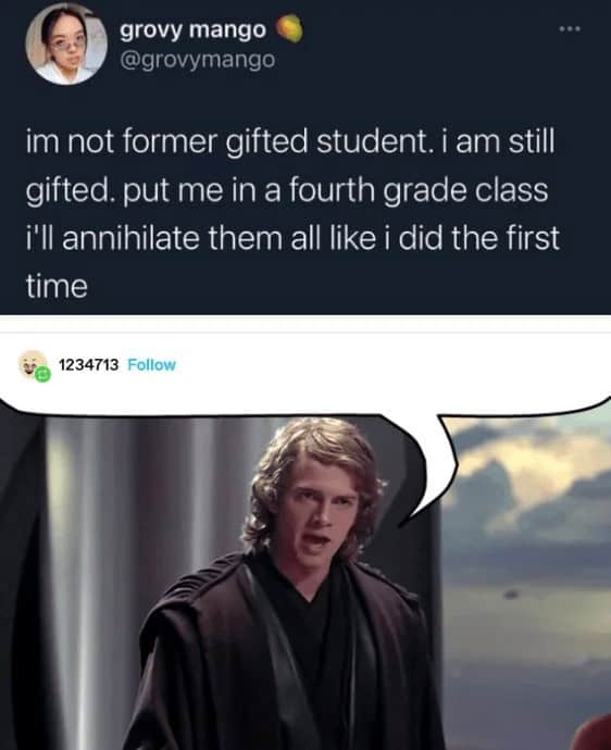 A dark humor meme combining a tweet about annihilating fourth graders with Anakin Skywalker during the Jedi Temple scene.