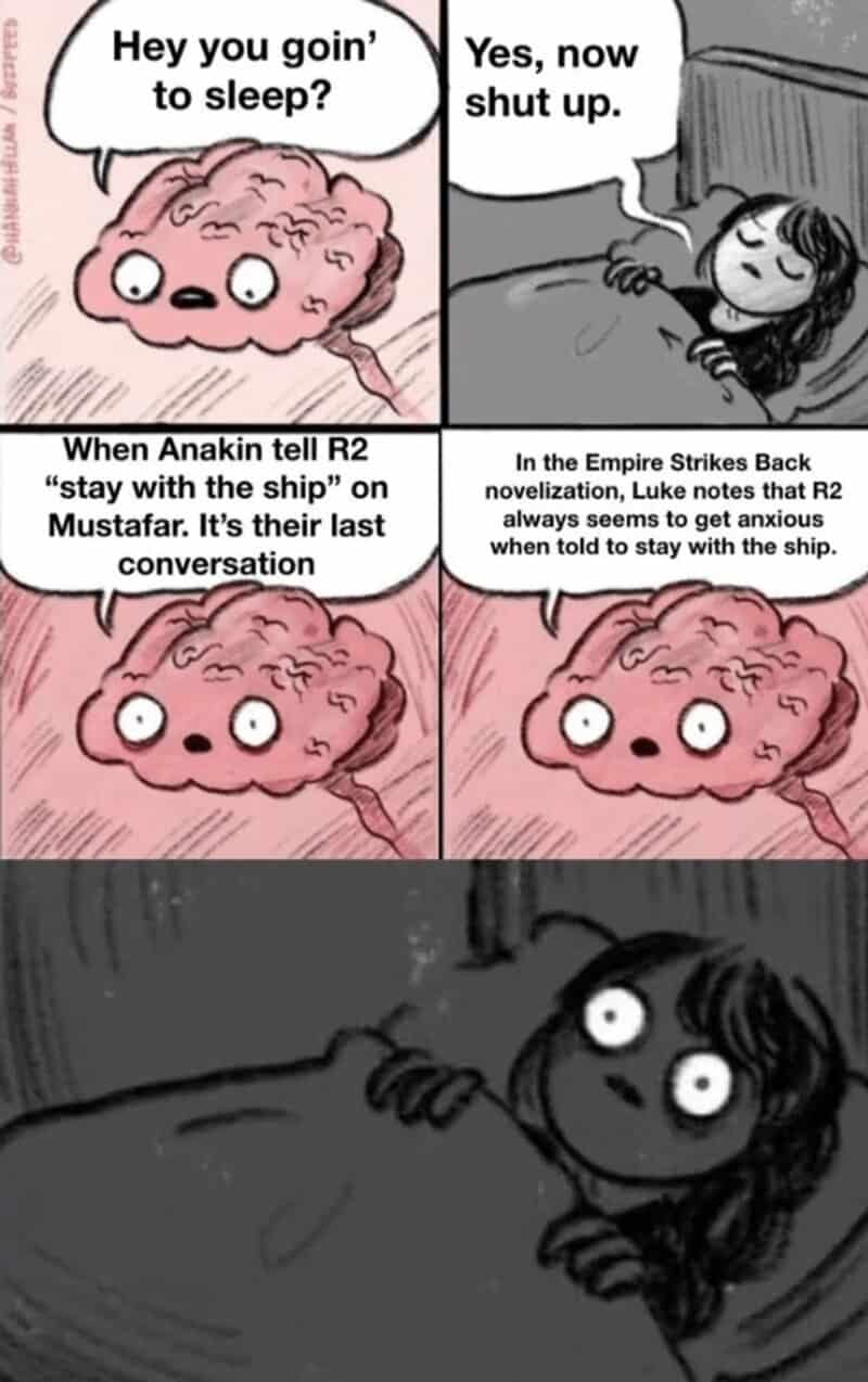 A funny comic about being kept awake at night by the sad Star Wars fact of Anakin and R2-D2's final conversation.