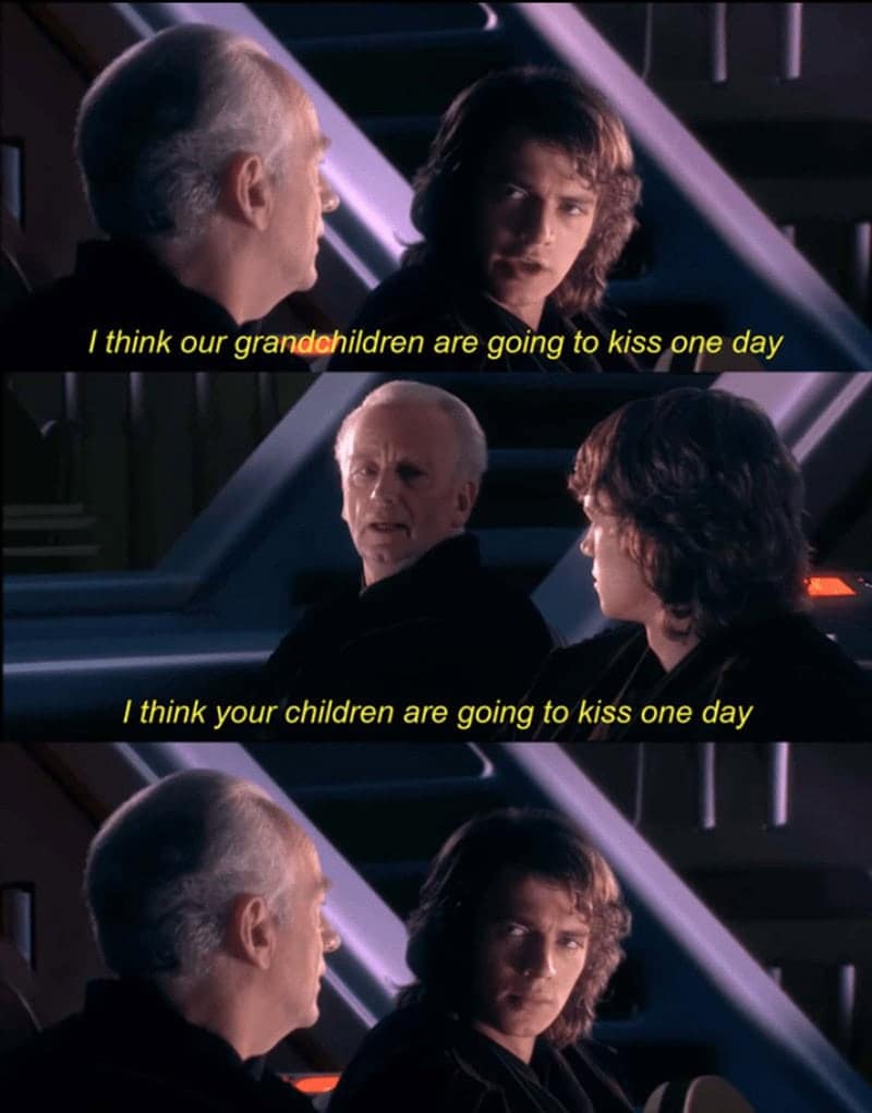 A funny Palpatine and Anakin meme that jokes about their future relatives (Rey/Kylo and Luke/Leia) kissing.