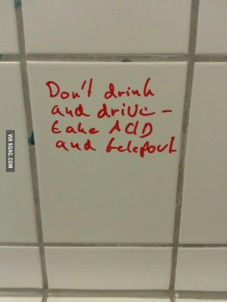 A piece of funny graffiti that has been written on a bathroom tile, offering the psychedelic and illegal alternative of taking acid and teleporting instead of drinking and driving.