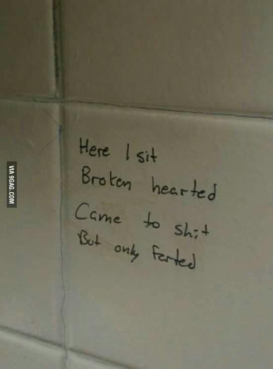 A photo of the classic and timeless four-line bathroom stall poem, "Here I sit, broken hearted. Came to shit, but only farted," written on a tiled wall.