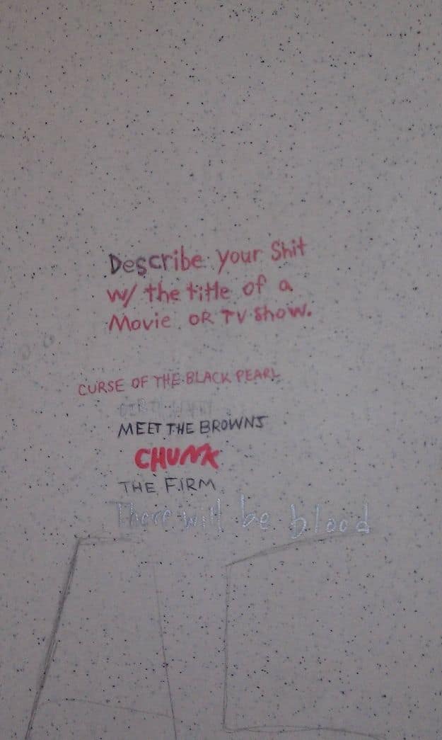 A picture of a bathroom wall game that asks people to "Describe your Shit w/ the title of a Movie OR TV show," with many hilarious and disgusting answers written below.