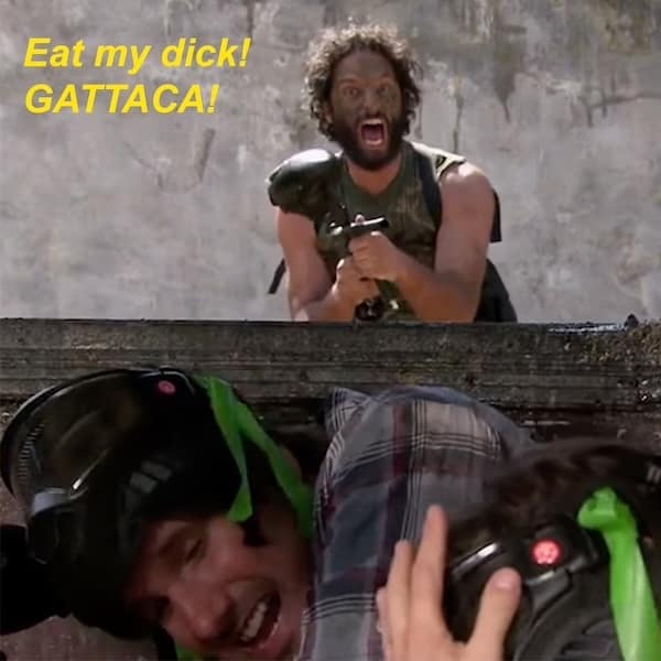 Rafi's iconic and unhinged battle cry from "The League," where he screams the movie title "GATTACA!" during a paintball game.