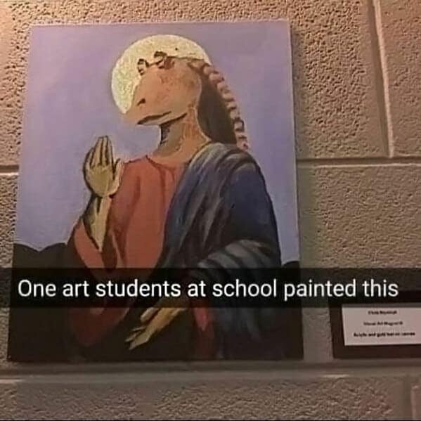 A blursed image of a student's art painting depicting the Star Wars character Jar Jar Binks as Jesus.