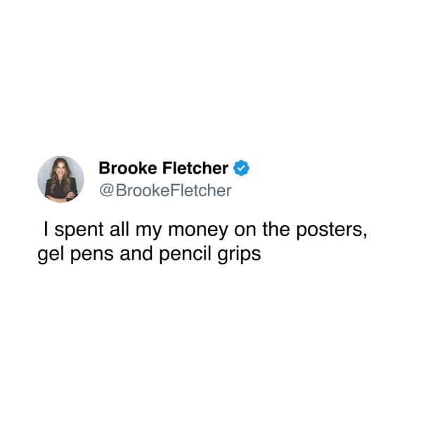 A funny book fair meme tweet about spending all of your book fair money on posters, gel pens, and pencil grips.