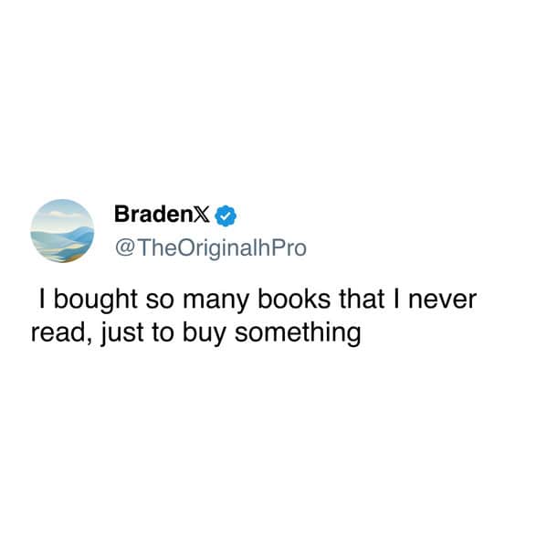 A funny book fair meme tweet about buying a lot of books at the fair but never actually reading them.