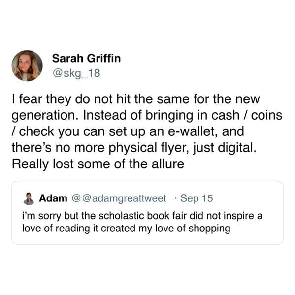 A funny book fair meme lamenting how e-wallets and digital flyers have ruined the magic of the book fair.