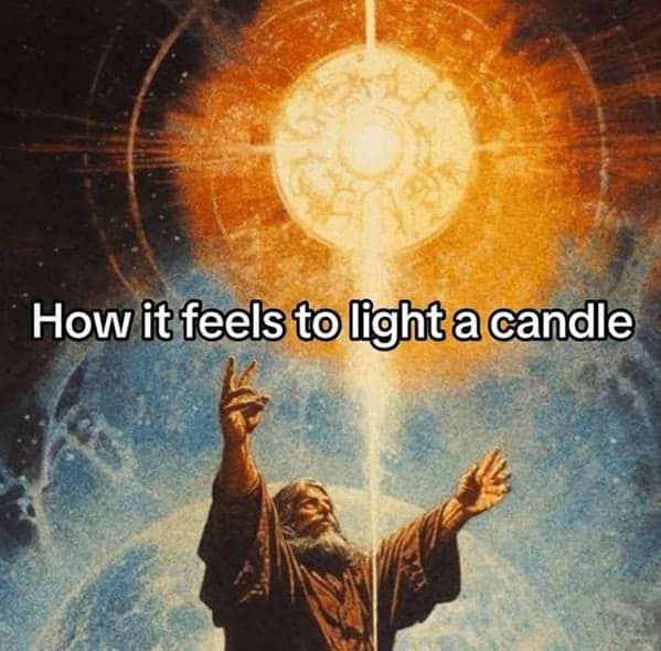 A funny and epic meme comparing the simple act of lighting a candle to a powerful god creating a star.