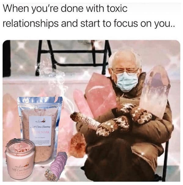 The Bernie Sanders chair meme used to show someone focusing on self-care with crystals and scented candles.