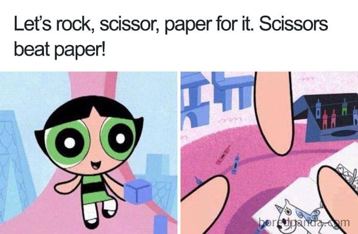 Powerpuff Girl Buttercup plays rock, paper, scissors despite not having any fingers