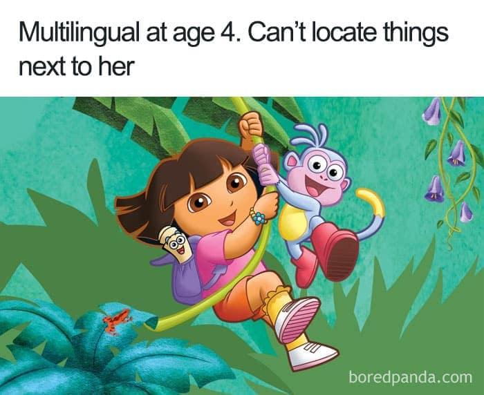 Dora the Explorer swinging on a vine, unable to find things right next to her