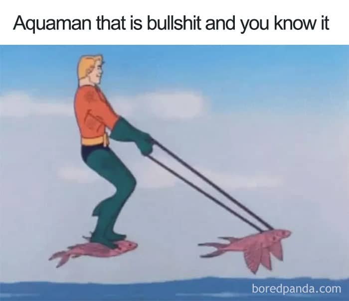 Aquaman from the Super Friends cartoon using fish as water skis, defying physics
