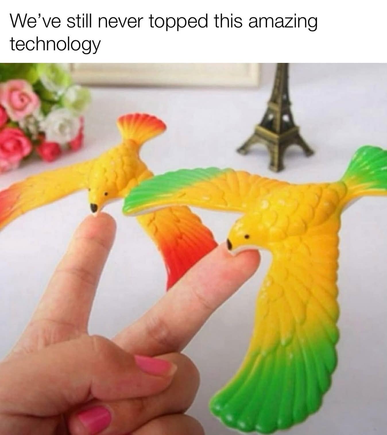 A classic meme celebrating the simple, magical technology of the nostalgic balancing bird toy from the 90s.