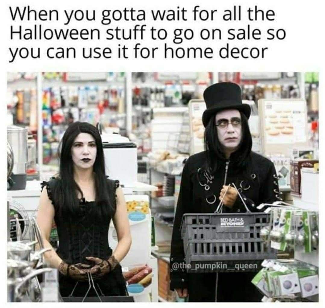 A classic meme for Halloween lovers, showing goths waiting for post-holiday sales to buy home decor.