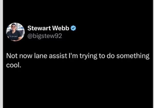 Tweet on black background: “Not now lane assist I’m trying to do something cool.”