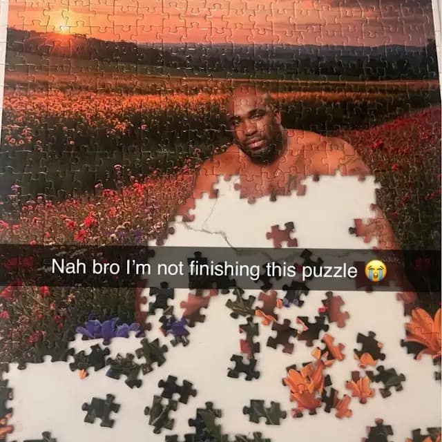 A classic meme of the infamous Barry Wood jigsaw puzzle that someone refuses to finish.