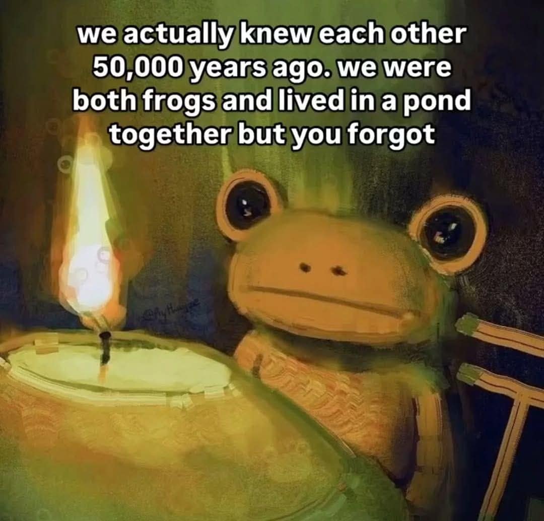 Painterly frog sits by a candle, with overlay text about remembering each other from 50,000 years ago as frogs who shared a pond.