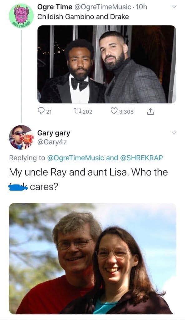 Tweet shows two suited celebrities posed together; a reply posts a photo of someone’s smiling relatives and says essentially, “Who cares?”