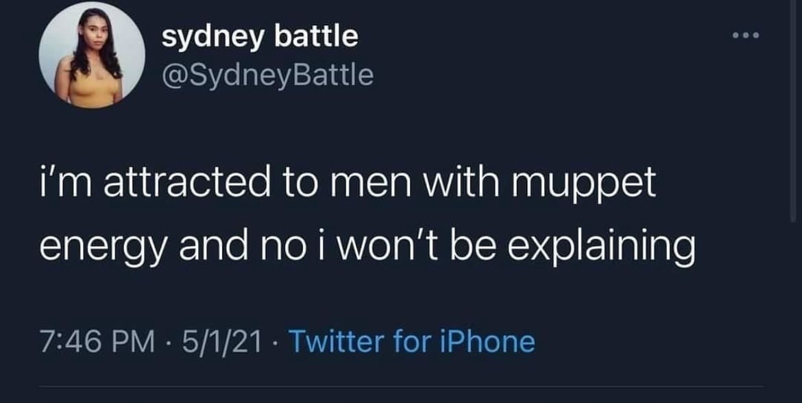 A classic meme of a viral tweet from a woman attracted to "muppet energy."