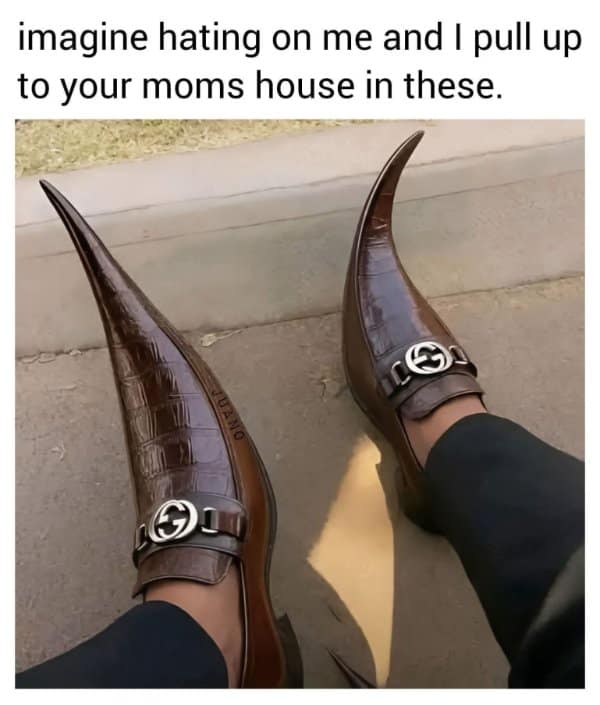 exaggeratedly long, pointed brown dress shoes with caption bragging about showing up in them to someone’s mom’s house.