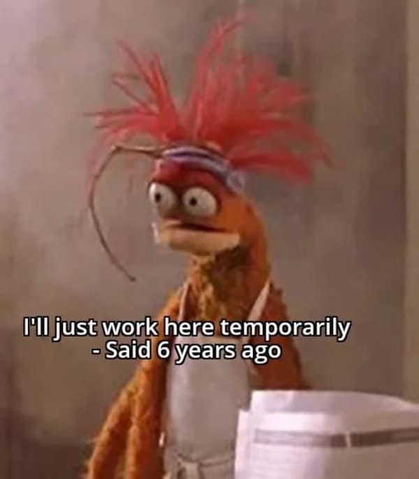 Puppet with wild red hair stares blankly; caption: “I’ll just work here temporarily — said 6 years ago.”