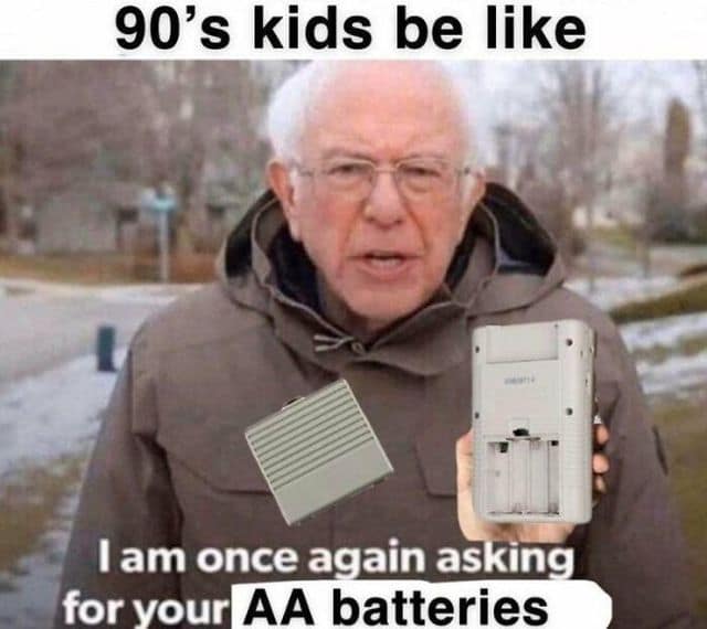A classic meme mashing up Bernie Sanders with a 90s kid asking for Game Boy batteries.