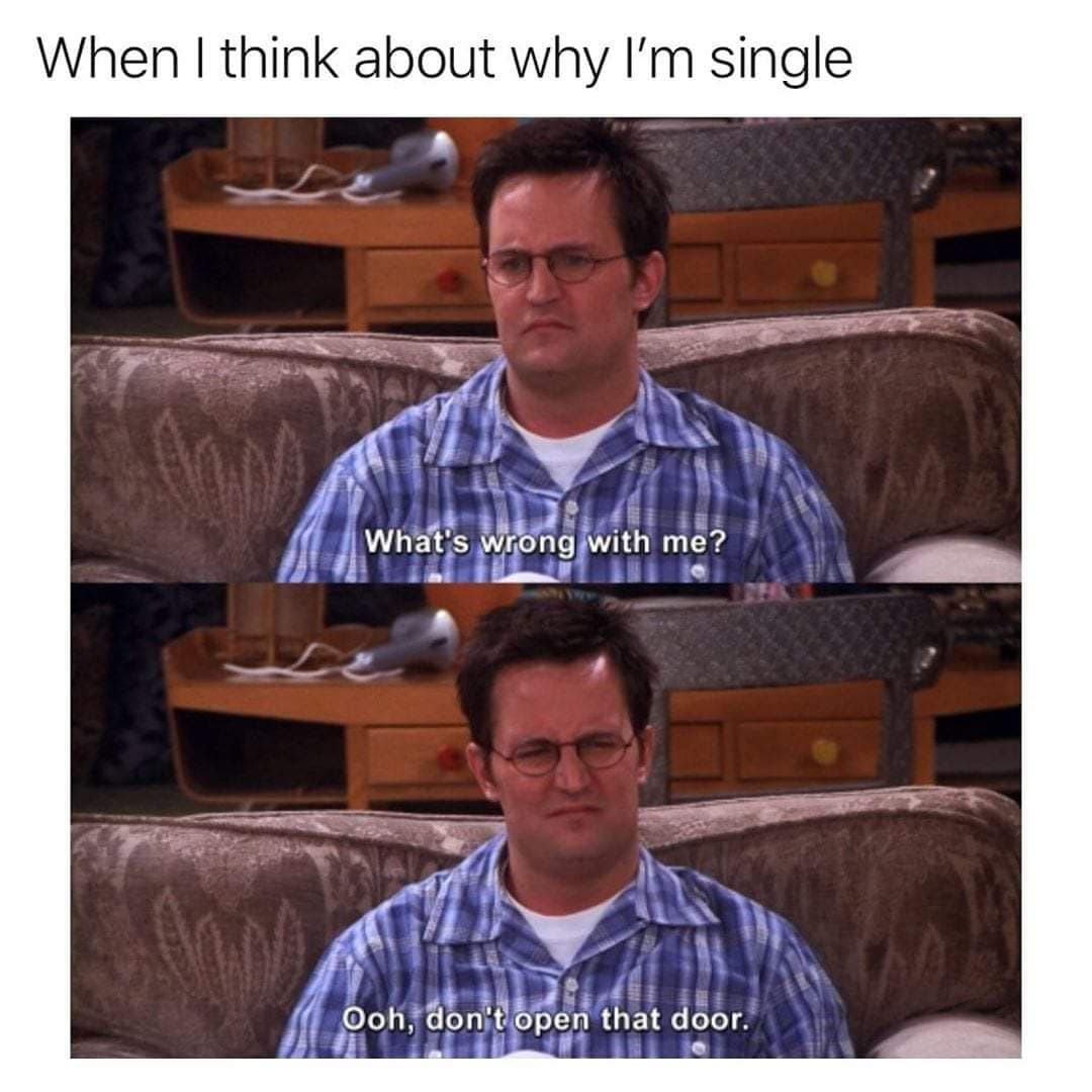 A classic meme using Chandler from "Friends" to describe thinking about why you're single.