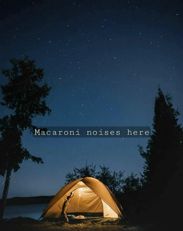 A surreal classic meme of a beautiful, starry campsite at night with the caption "Macaroni noises here."